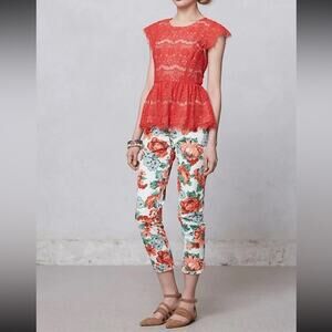 Anthropologie Maeve Katrine Orange Lace Cap Sleeve Peplum Top Size Small
